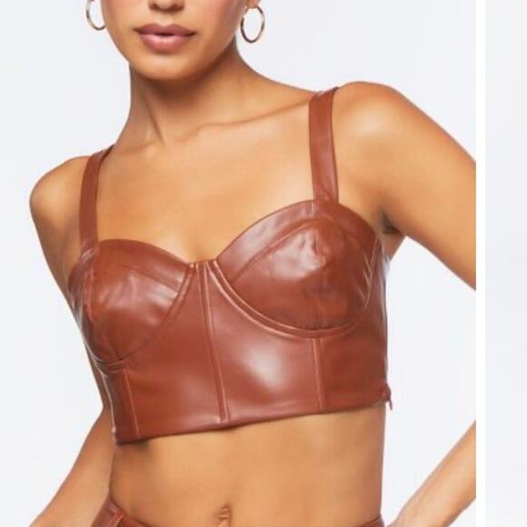 Forever 21 Medium Brown Vegan Leather Corset Crop Shirt - Picture 1 of 6